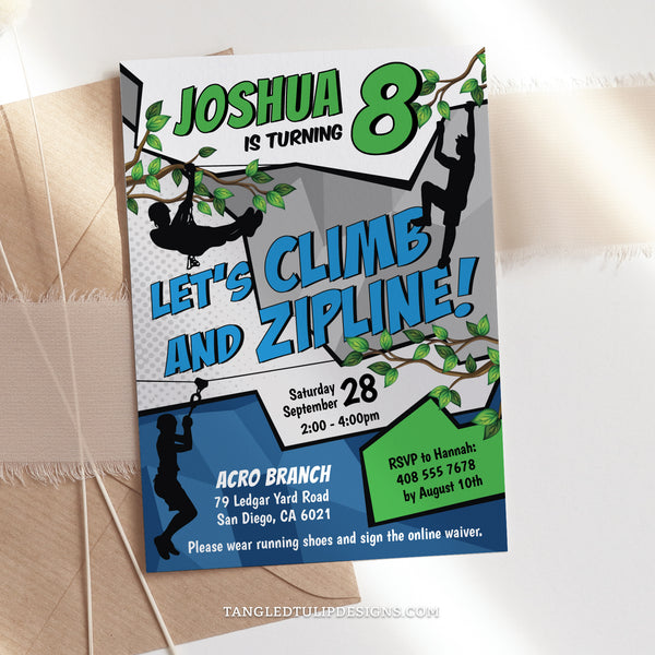 Editable climb & zipline birthday invitation, featuring a vibrant comic style design with boys ziplining and climbing all over this invite! Get ready for an outdoor adventure obstacles birthday party.  Tangled Tulip Designs - Birthday Invitations
