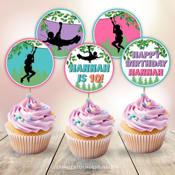 Ziplining cupcake toppers! Featuring girls ziplining through the forest, these toppers are perfect for a zipline or outdoor adventure-themed celebration. With all text fully editable and 6 unique designs to choose from, these will be a fantastic addition to your birthday decorations.