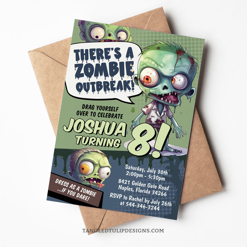 Zombie party invitation with cute but gruesome little zombies. A Zombie Outbreak invitation to celebrate with a gory zombie apocalypse party. Tangled Tulip Designs - Birthday Invitations