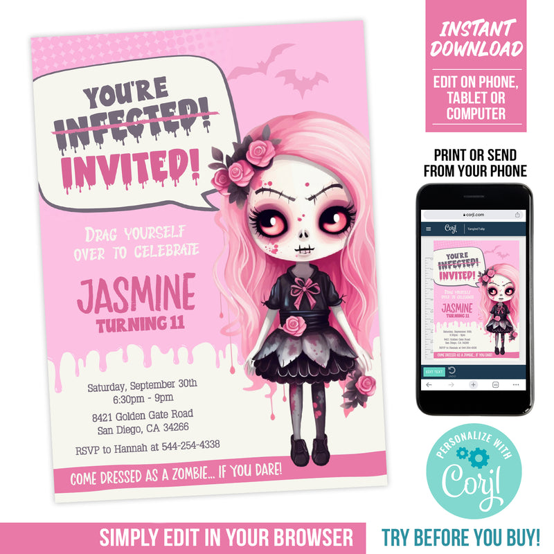 Zombie Party Invitation Template for Girls with Cute Girl Zombie