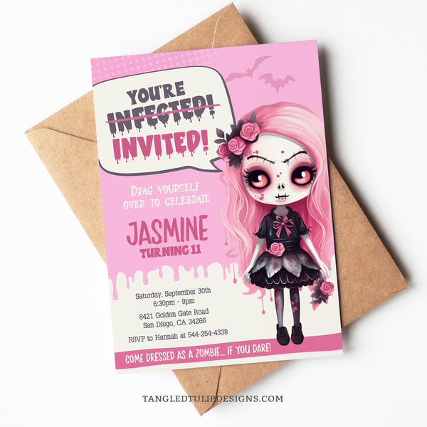Girl Zombie party invitation with cute little zombie girl. Perfect for a teen or tween girl zombie birthday party.  Template to Edit in Corjl. By Tangled Tulip Designs.