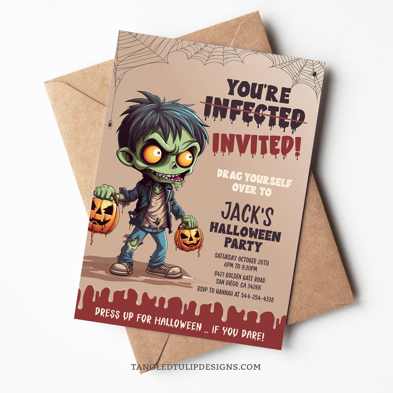 This editable Zombie Halloween party invitation features a gruesome zombie boy and creepy spiderwebs. Template to Edit in Corjl. By Tangled Tulip Designs.