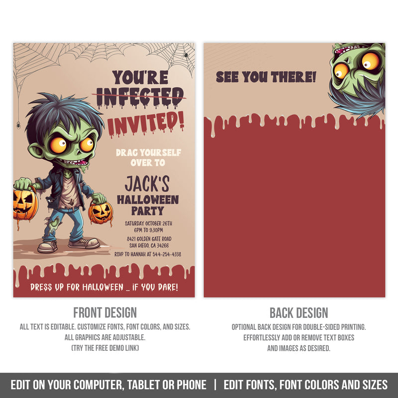 Zombie Halloween Party Invitation Template for Kids