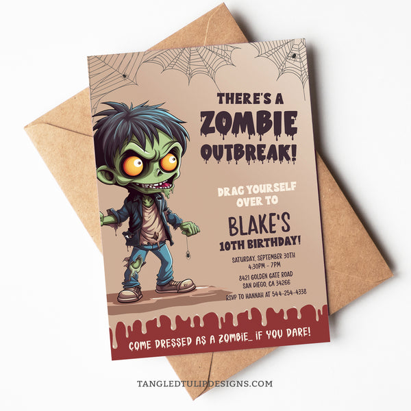 There's a Zombie Outbreak! This zombie birthday invitation template features a gruesome little zombie and spooky spiderwebs, calling zombies to drag themselves over to the celebrate.  Template to Edit in Corjl. By Tangled Tulip Designs.