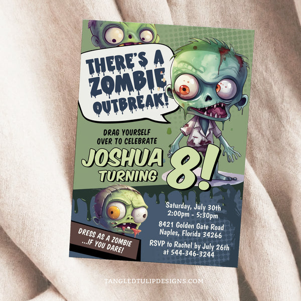 Zombie party invitation with cute but gruesome little zombies. A Zombie Outbreak invitation to celebrate with a gory zombie apocalypse party. Tangled Tulip Designs - Birthday Invitations