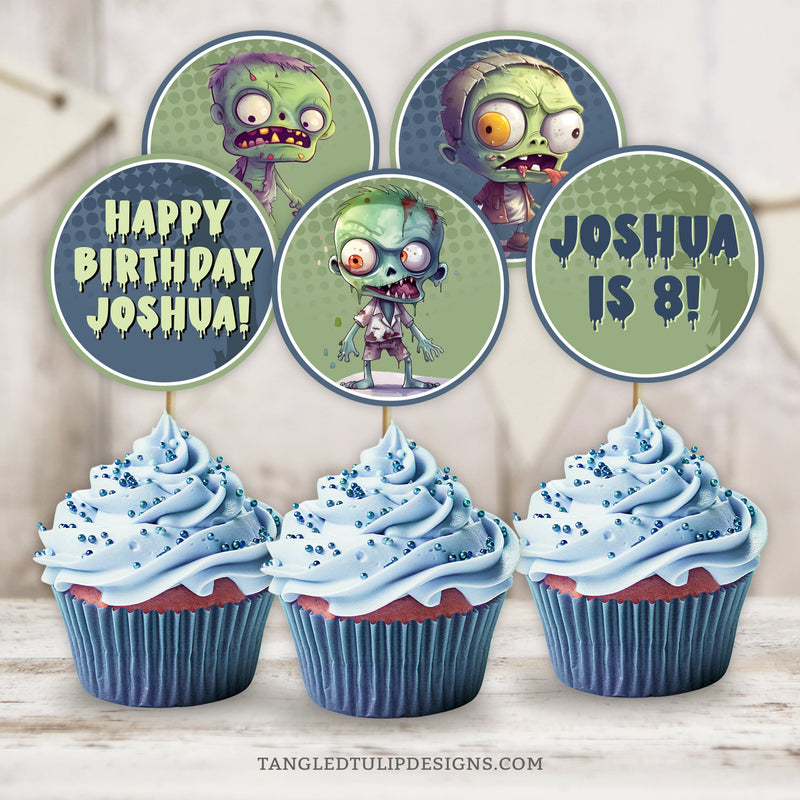 Calling all little zombies to feast with these editable Zombie Cupcake Toppers. Perfect for adding a personalized spooky twist to your zombie apocalypse birthday party!