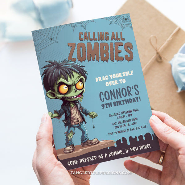 Calling All Zombies! This zombie party invitation features a gruesome little zombie and spooky spiderwebs, calling zombies to drag themselves over to the celebrate! Template to Edit in Corjl. By Tangled Tulip Designs.