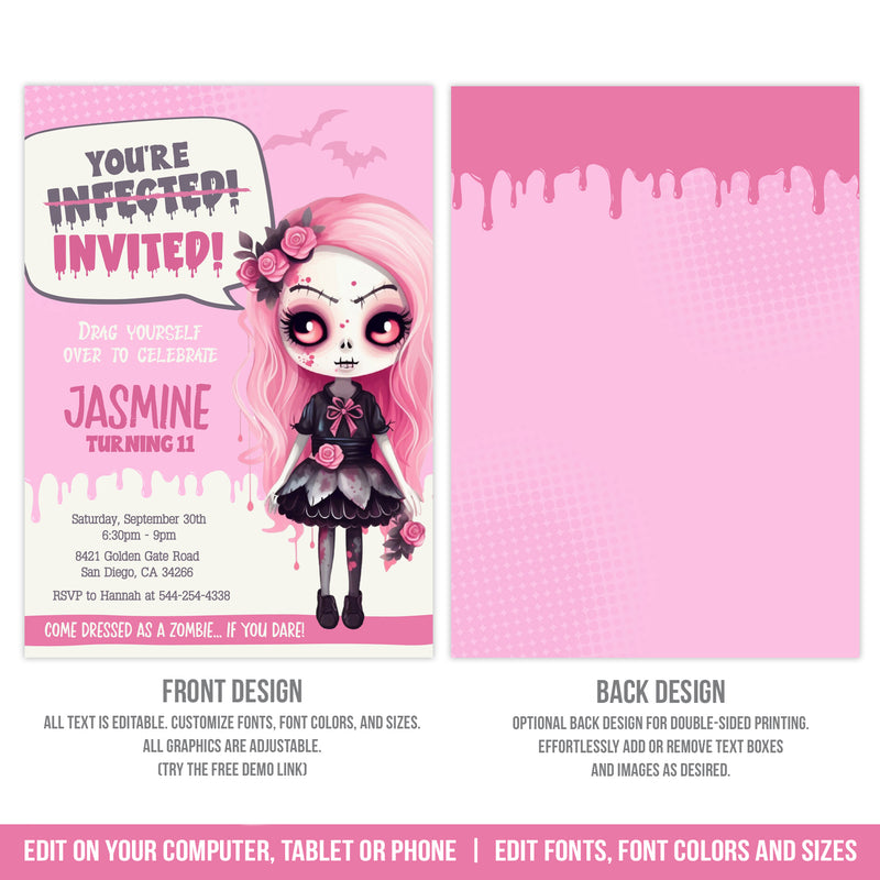 Zombie Party Invitation Template for Girls with Cute Girl Zombie