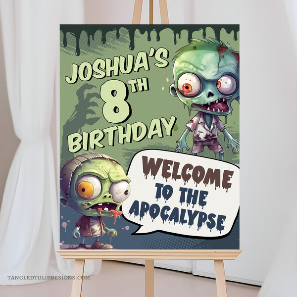 Welcome to the Zombie Apocalypse! Get ready to unleash some undead fun with our Zombie Welcome Sign, perfect for birthdays or Halloween parties. This editable sign features cute yet gruesome zombies. Available in two sizes, this sign is fully customizable and ready to set the mood for an unforgettable zombie-themed event. Instant Download and Editable in Corjl. By Tangled Tulip Designs.