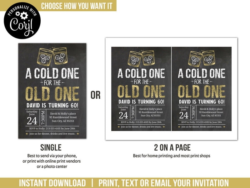 Editable Whiskey Birthday Invitation. A Cold One for the Old One Party Digital Invite