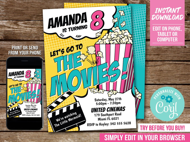 Movie Birthday Invitation for girls. EDITABLE Movies & Popcorn Party Invite. Edit in Corjl MO3