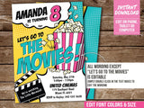 Movie Birthday Invitation for girls. EDITABLE Movies & Popcorn Party Invite. Edit in Corjl MO3