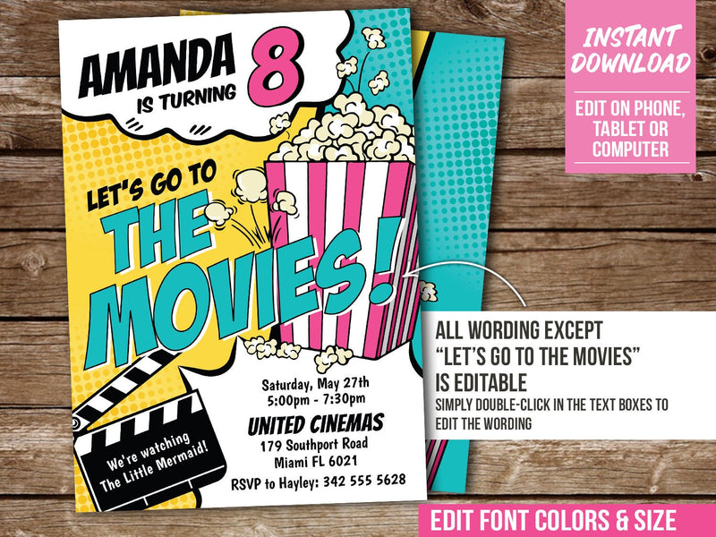 Movie Birthday Invitation, Girl Editable Movies & Popcorn Digital Party Invite