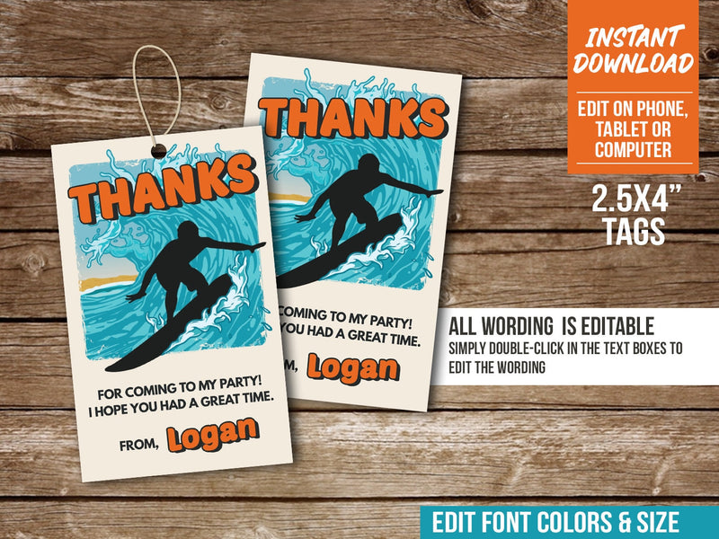 Surfing Birthday Thank You Tags. EDITABLE Surf Party Favor Tag for Boys. Digital Download SO1
