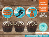 Editable Surfing Birthday Cupcake Toppers Boy Surf Party Cake Teenager Decorations Wave Surfer Instant Download Corjl SO1