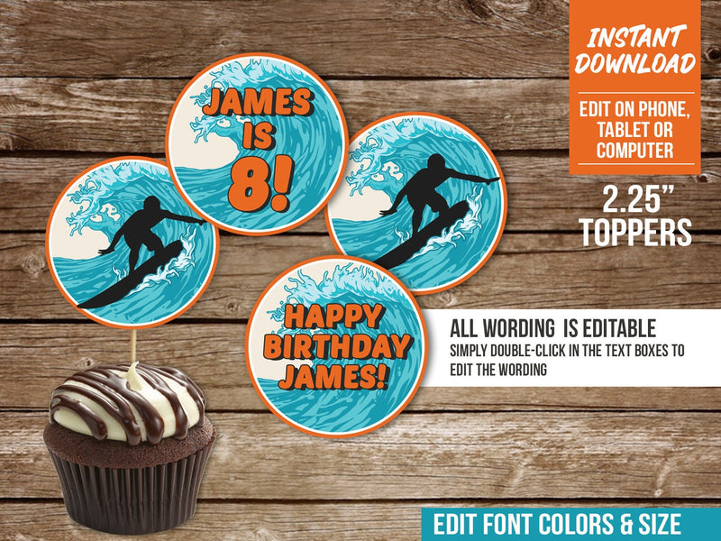 Editable Surfing Birthday Cupcake Toppers Boy Surf Party Cake Teenager Decorations Wave Surfer Instant Download Corjl SO1