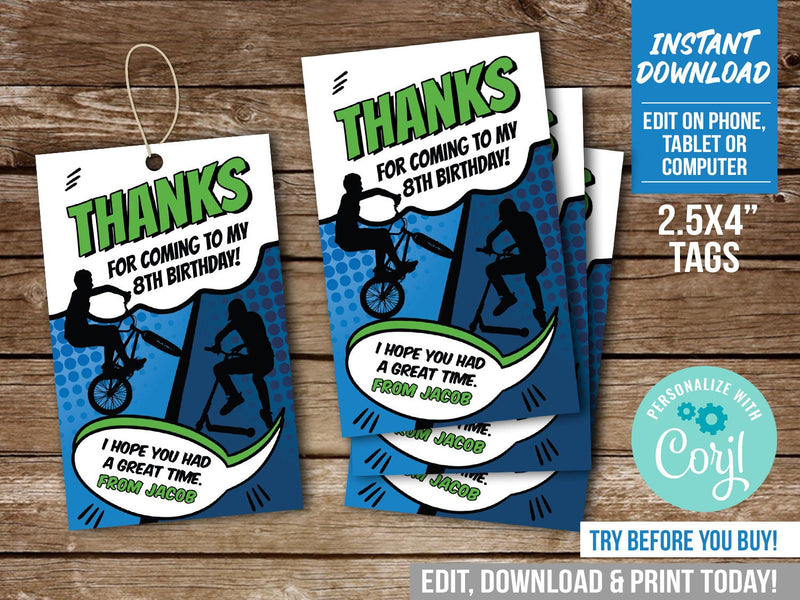 EDITABLE Bike & Scooter Thank You Tag Template for Boys. BMX rider Party Favor Tags BS3