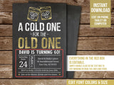 Editable Whiskey Birthday Invitation. A Cold One for the Old One Party Digital Invite