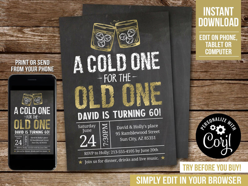 Editable Whiskey Birthday Invitation. A Cold One for the Old One Party Digital Invite