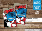 Bowling Party Thank You Tags for Boys. EDITABLE Bowling Birthday Favor Tags. Bowling Birthday Decorations BB1