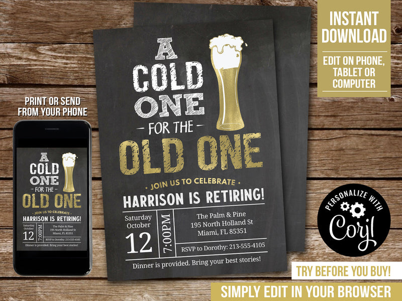 Retirement Party Invitation. EDITABLE Beer theme Retire Celebration Invite for Him Man Beer RE1