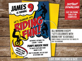 Editable Riding Party Invitation. Boy Bike Skater Scooter Birthday Digital Invite