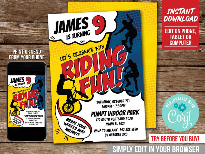 Riding Party Invite for Boys. EDITABLE Bike Skater Scooter Birthday Invitation. Instant Download. Corjl BS1