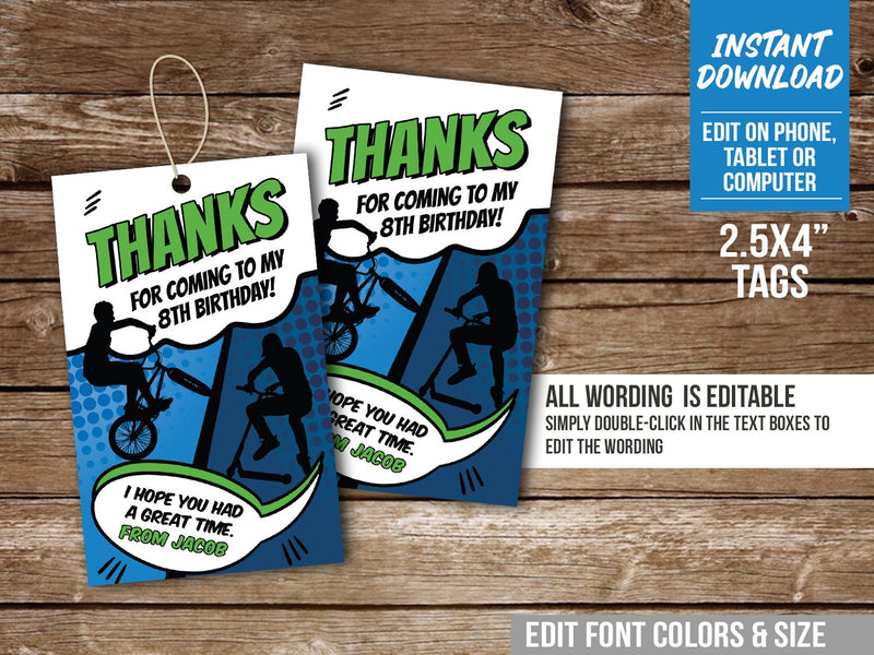 EDITABLE Bike & Scooter Thank You Tag Template for Boys. BMX rider Party Favor Tags BS3