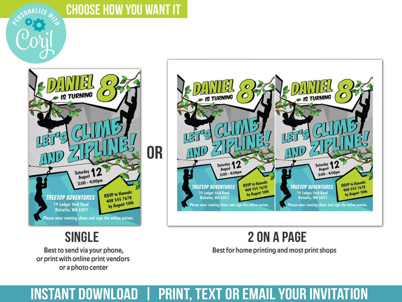 Ziplining Birthday Invitation for Boys, Climb & Zipline Party Editable Invite, Instant Download Ziplining Party Invite, Edit in Corjl BZ1