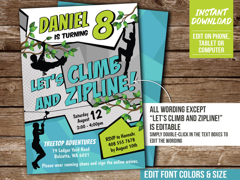 Ziplining Birthday Invitation for Boys, Climb & Zipline Party Editable Invite, Instant Download Ziplining Party Invite, Edit in Corjl BZ1