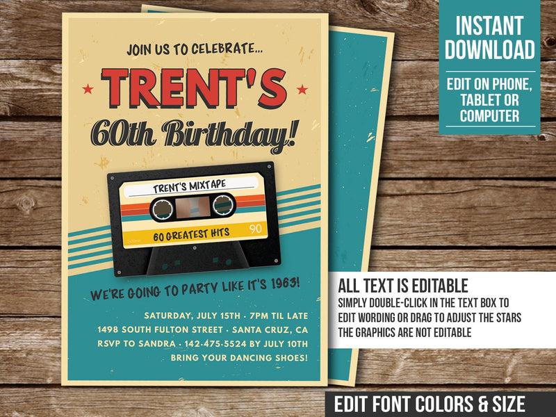 Cassette Tape 60th Birthday Invitation Template Editable Retro Mixtape Party Invite