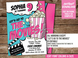 Editable Movie Birthday Invitation for a Popcorn and Movies Party. Girl Digital Invite