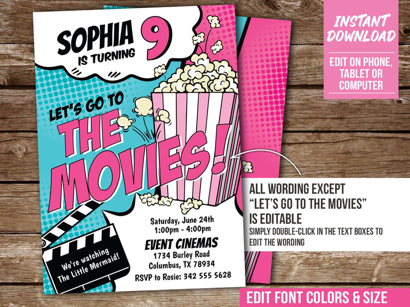 Movie Birthday Invitation for a Popcorn and Movies Party. EDITABLE Invite for Girl  MO2