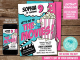 Movie Birthday Invitation for a Popcorn and Movies Party. EDITABLE Invite for Girl  MO2