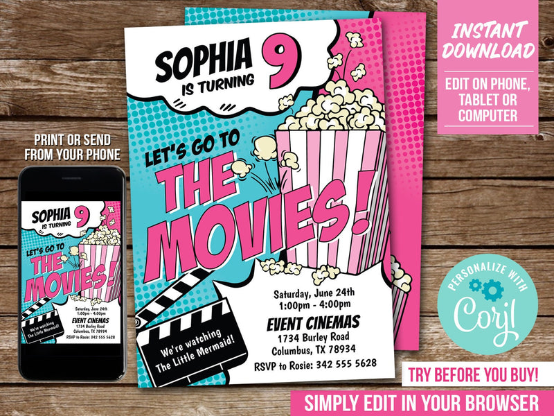 Movie Birthday Invitation for a Popcorn and Movies Party. EDITABLE Invite for Girl  MO2