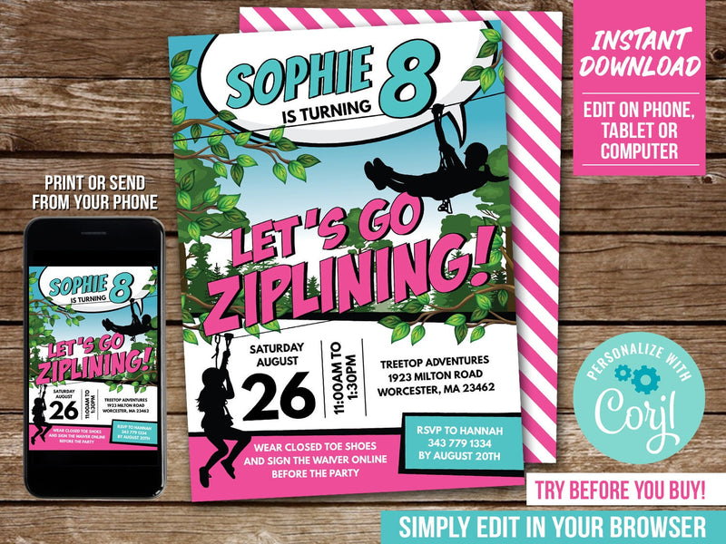 Ziplining Birthday Invitation for Girls. EDITABLE Climb & Zipline Party Invite. Digital Download GZ1