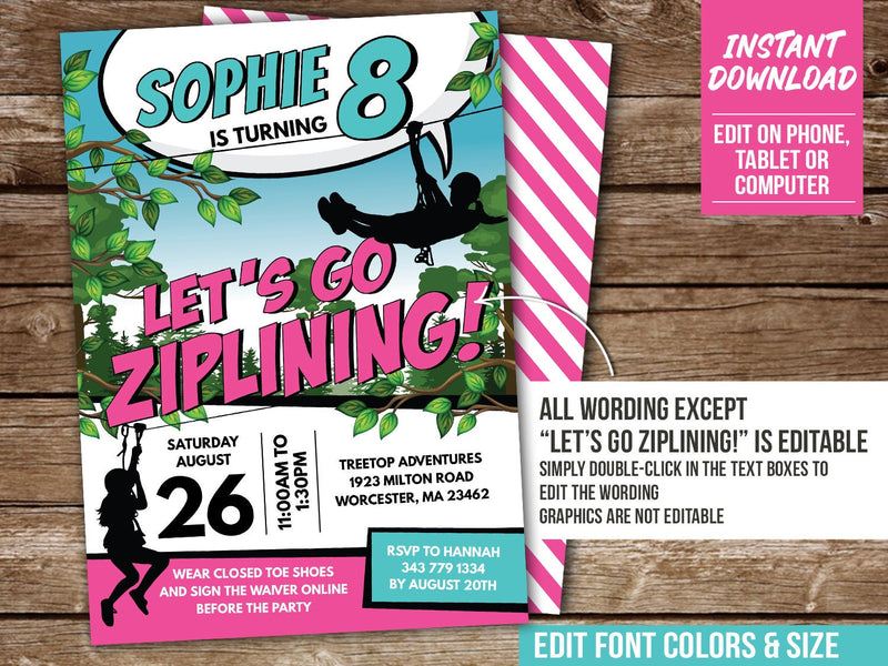 Ziplining Birthday Invitation for Girls. EDITABLE Climb & Zipline Party Invite. Digital Download GZ1