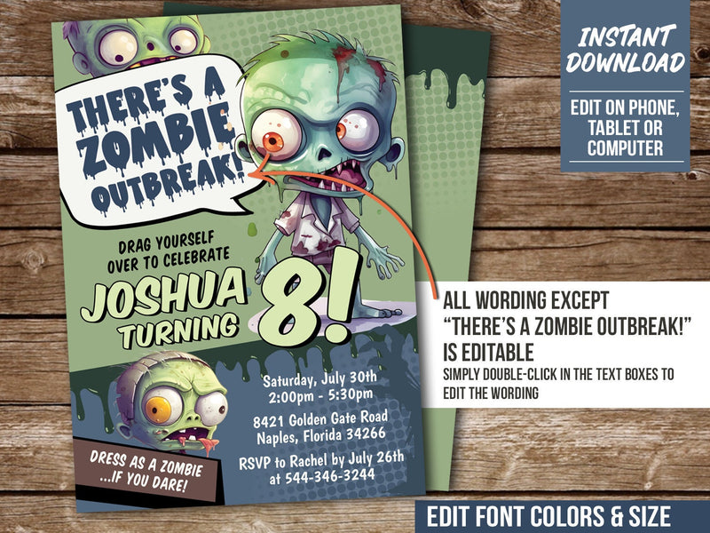 Zombie Birthday Invitation. EDITABLE Zombie Outbreak Apocalypse Party Invite