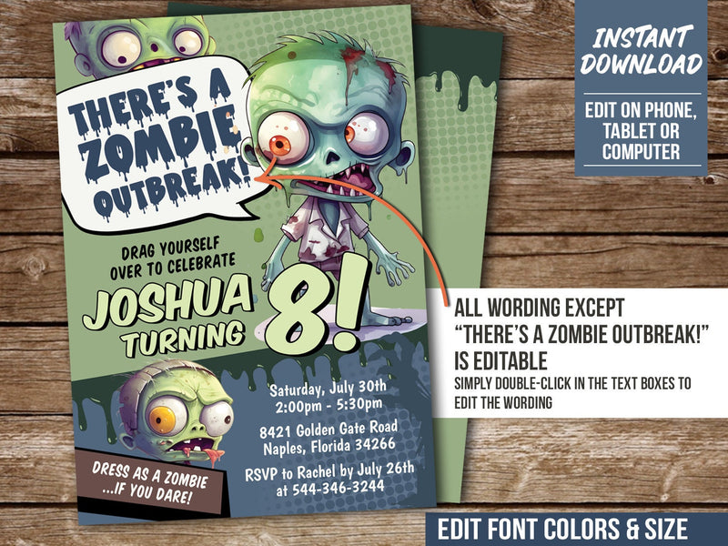 Zombie Birthday Invitation, Editable Boy Zombie Outbreak Apocalypse Party Digital Invite