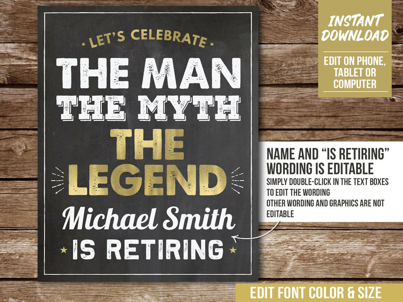 Personalized Retirement Sign. EDITABLE Man Myth Legend is Retiring. Retirement Party Decorations RE1