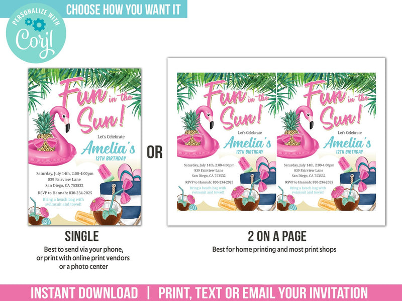 Fun in the Sun Beach or Pool Party Invite. EDITABLE Teen or Tween Girls Birthday Invitation TR2