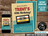 Editable Cassette Tape 60th Birthday Invitation, Retro Mixtape Party Digital Invite