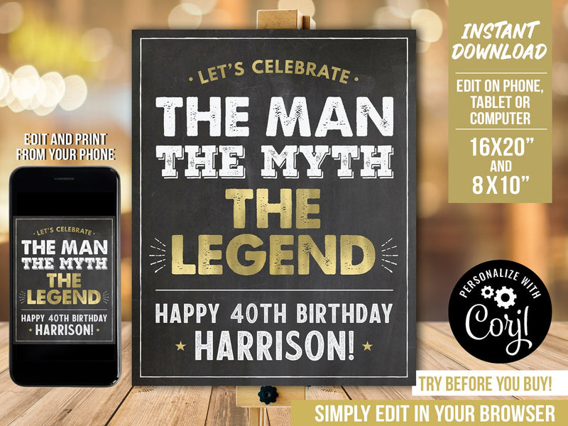 EDITABLE Man Myth Legend Sign. Personalized 40th Birthday Sign in Gold. Any Age Party Decoration. MM40 BG40 WG40