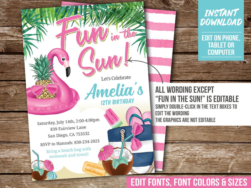 Fun in the Sun Beach or Pool Party Invite. EDITABLE Teen or Tween Girls Birthday Invitation TR2