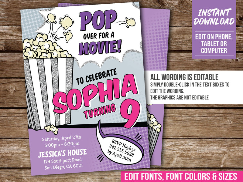 Editable Movies Birthday Invitation with Popcorn. Pop Over for a Movie Party Invite for Girls MO4