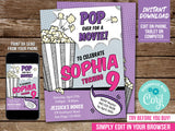 Editable Movies Birthday Invitation with Popcorn. Pop Over for a Movie Party Invite for Girls MO4