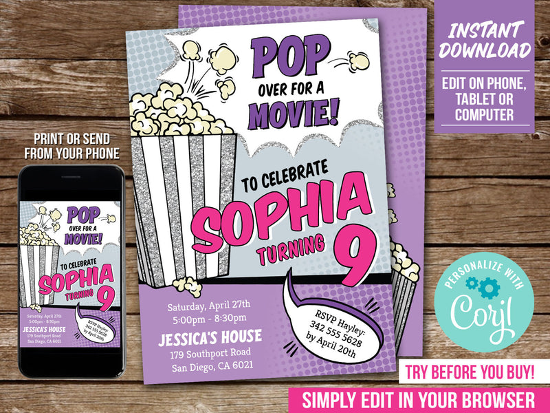 Editable Movie Birthday Invitation, Pop Over for a Movie Party Digital Invite for Girls, Popcorn