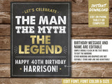 EDITABLE Man Myth Legend Sign. Personalized 40th Birthday Sign in Gold. Any Age Party Decoration. MM40 BG40 WG40