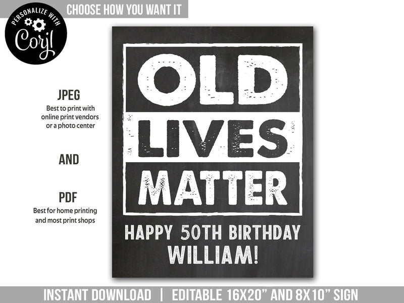 EDITABLE Old Lives Matter Birthday Sign. Personalized Chalkboard Party Decoration Sign OL1