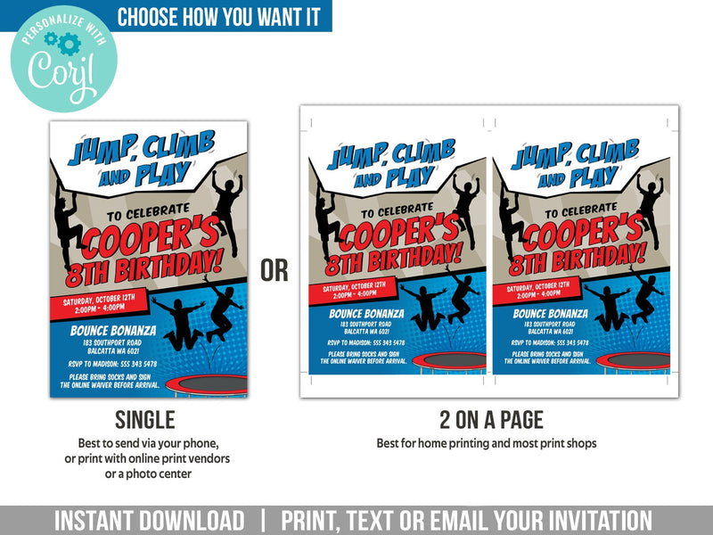 Jump, Climb & Play Birthday Invite. EDITABLE Trampoline Bounce and Climbing Party Invite for Boys CL4